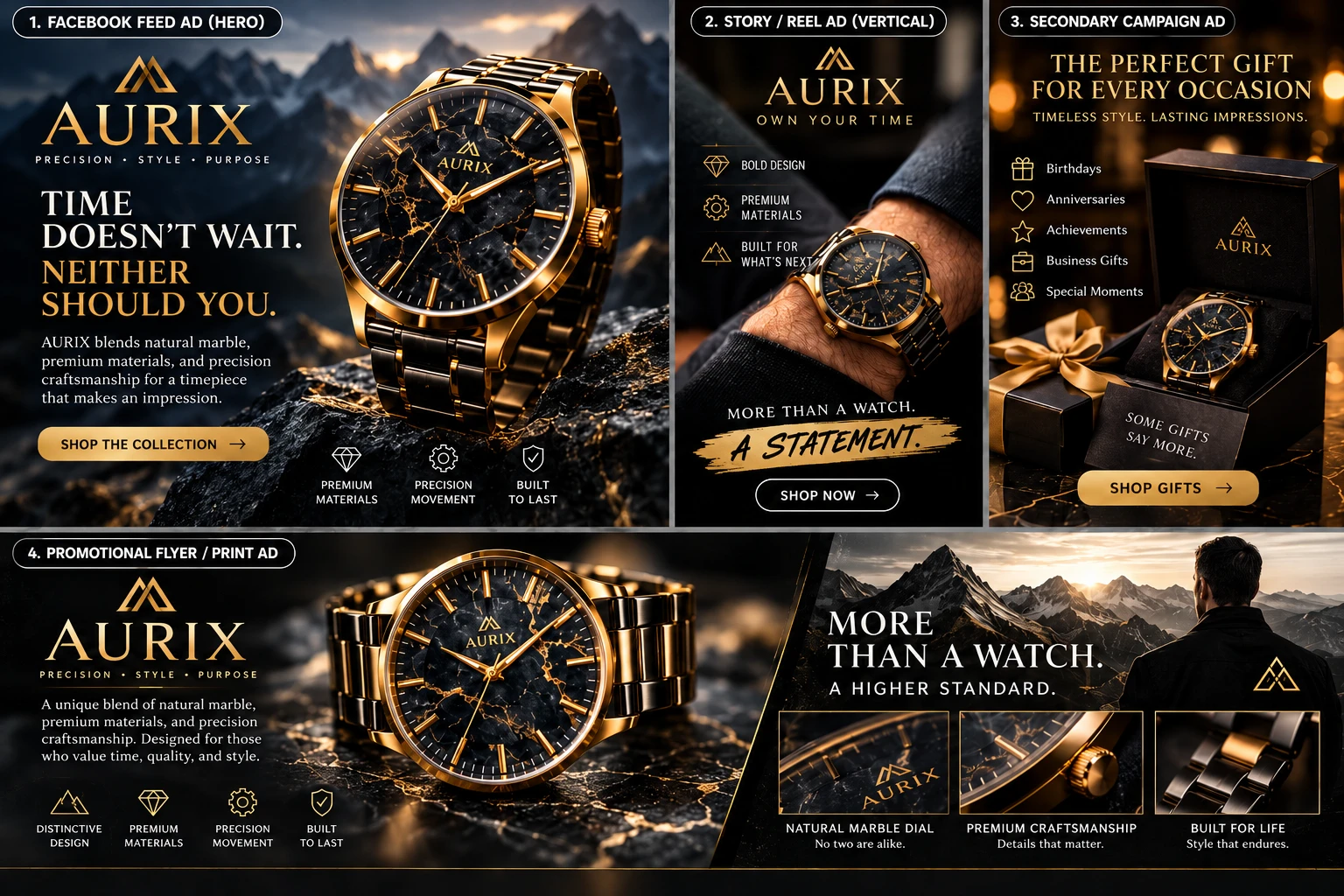 AURIX concept advertising campaign featuring a gold watch across social and print designs